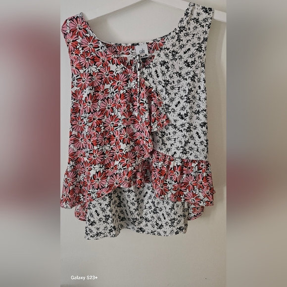 CAbi Red Pink Asymmetrical Tie Front Sleeveless Blouse - Picture 3 of 8